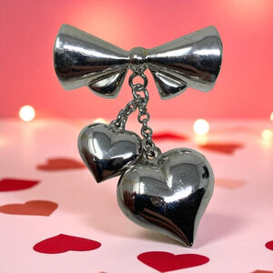 Vintage 1980's Bow & Hearts Dangle Sterling Silver Kinetic Brooch Pin Valentines